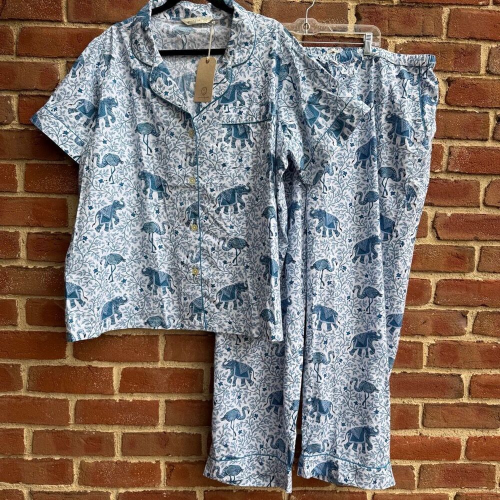 Anthropologie X Printfresh $250 Flamingo Elephant Print organic PJ Set Blue 3X N